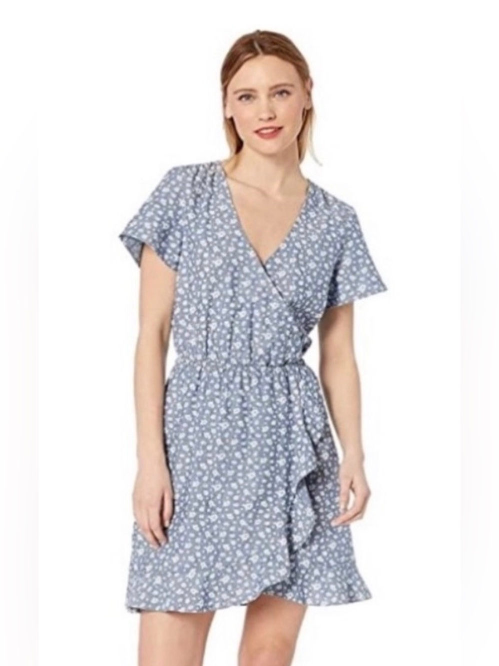J.Crew Blue Floral Chambray 100% Cotton Faux Wrap Ruffle Mini Sundress Cottage S
